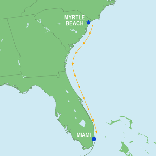 Map of the Myrtle Beach, SC to Biscayne Bay, Miami, FL sailing route: Offshore