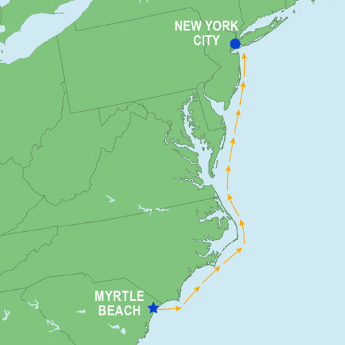 Myrtle Beach, SC to New York City - sailing route Offshore