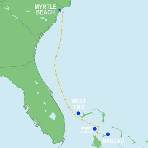 Nassau, Bahamas to Myrtle Beach, SC - sailing route Offshore