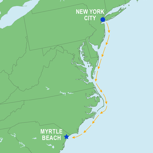New York City to Myrtle Beach, SC - sailing route Offshore